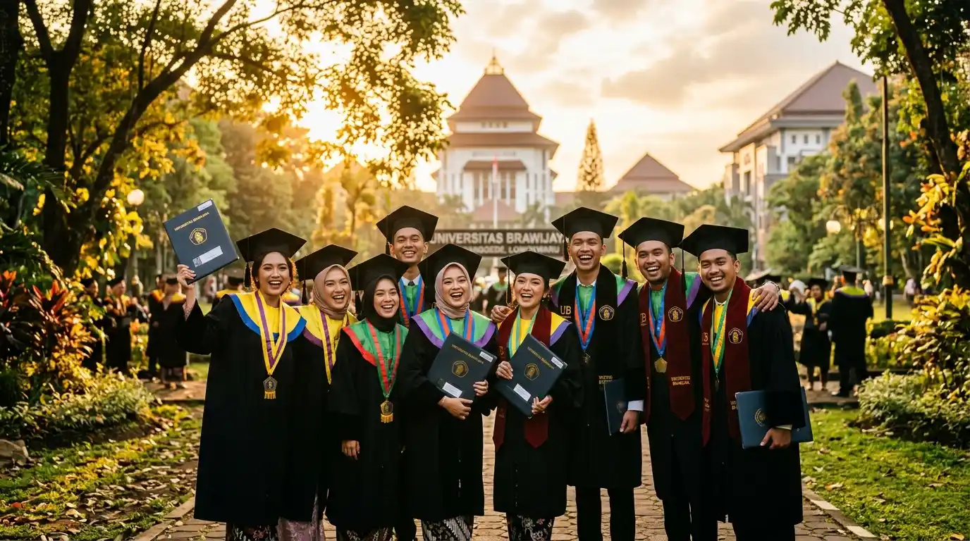 Wisudawan UB Malang berpose di taman kampus Ketawanggede Lowokwaru dengan pencahayaan golden hour