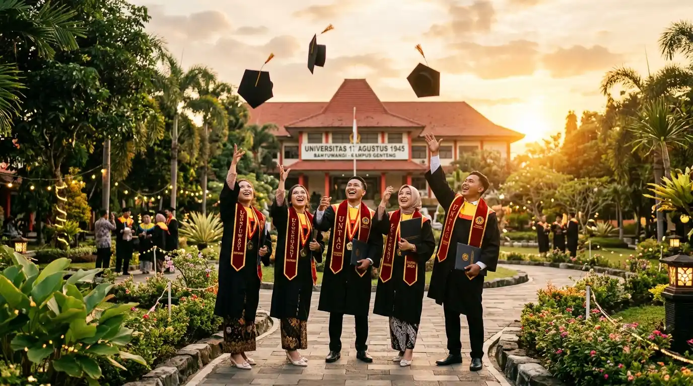 Sesi foto wisuda outdoor area taman kampus UNTAG Genteng Banyuwangi saat golden hour