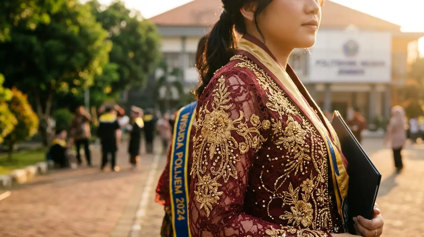 Detail kebaya wisuda sewaan dengan pencahayaan hangat sore hari di lingkungan kampus Jember